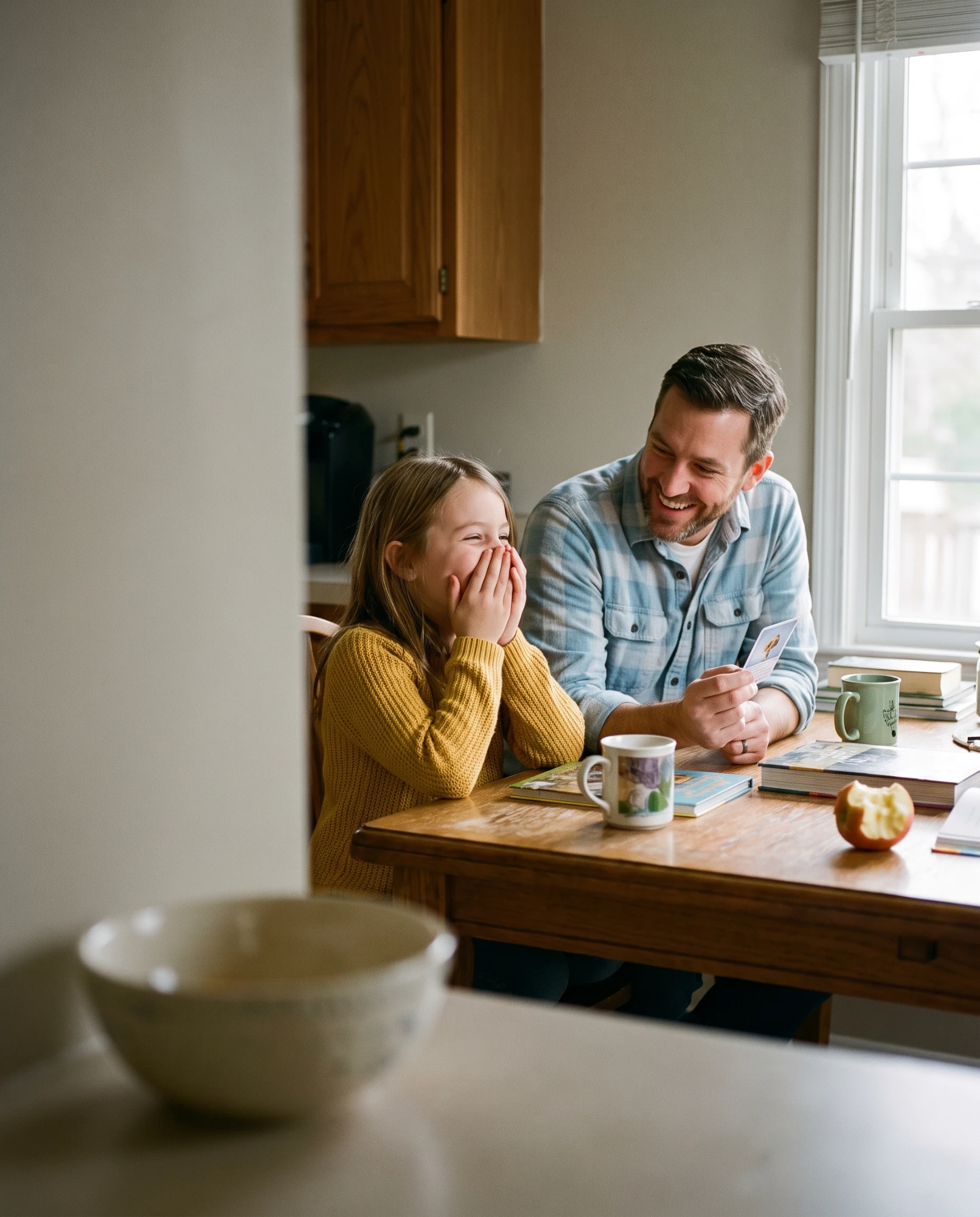 A dad reads a question card to his daughter at the kitchen table and she laughs