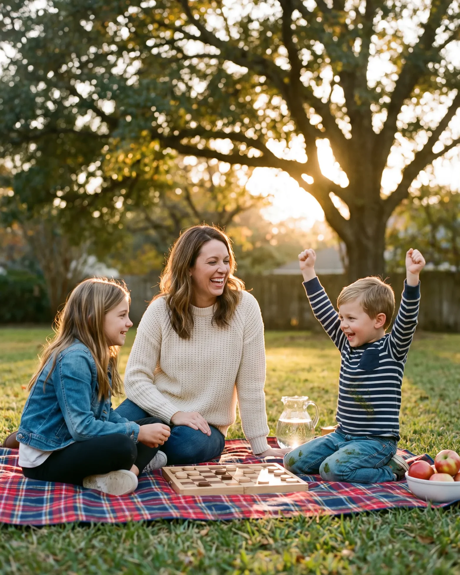 A mom and her two kids laughing over a game of checkers on a picnic blanket in the backyard at sunset